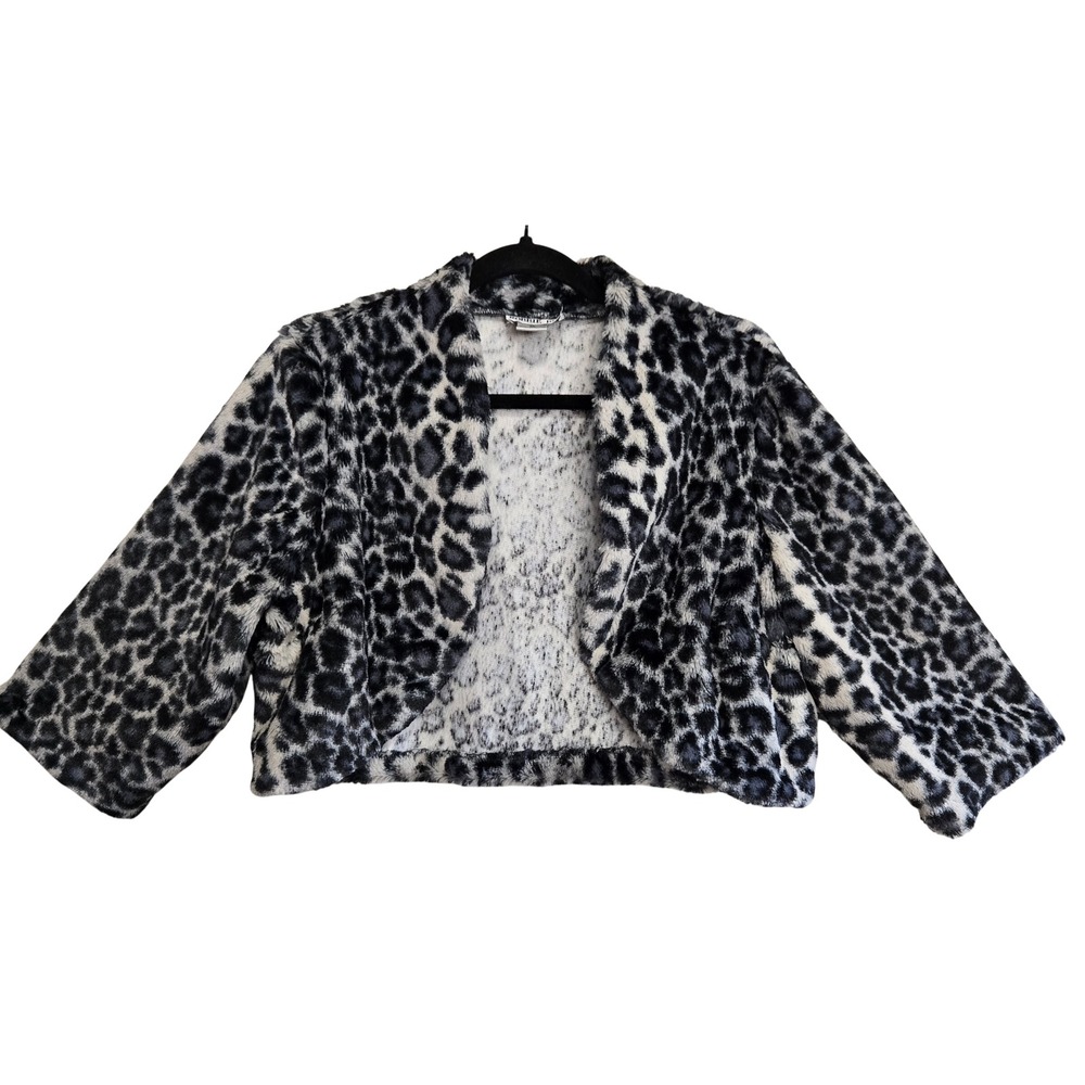 Robbie Bee Glam Faux Fur Cropped Bolero Jacket Grey Black Leopard Print Shrug XL